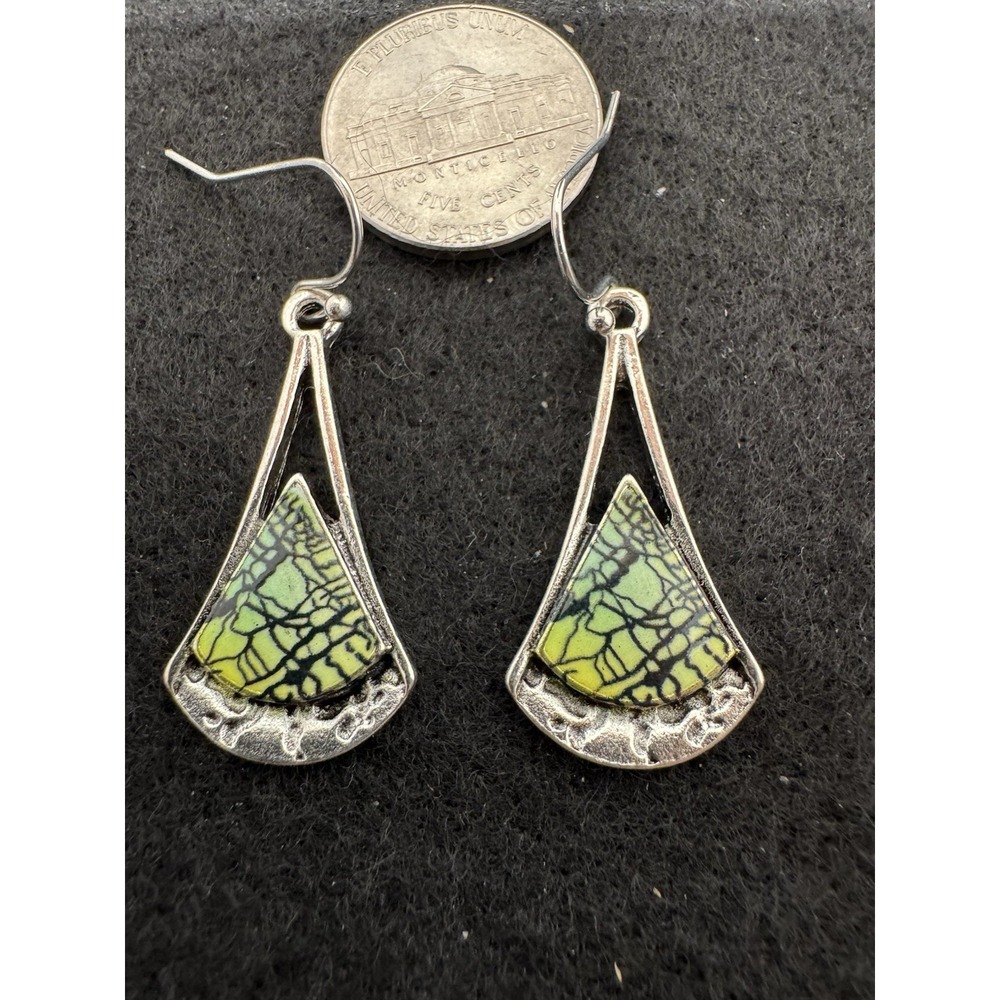 Silver Tone Green Teardrop Dangle Earrings Metal Hook No Stone